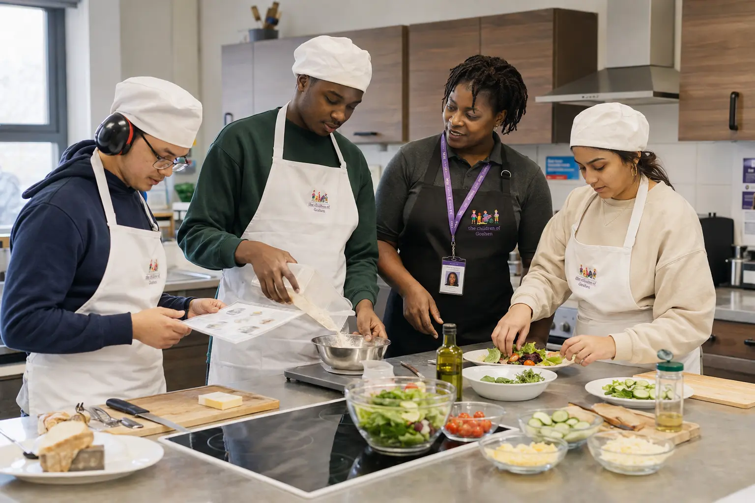 Young adults developing practical cooking and teamwork skills with a Children of Goshen tutor