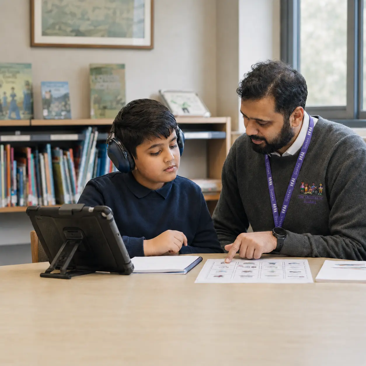 A Children of Goshen practitioner supporting a learner with visual resources and technology